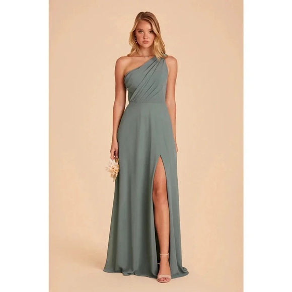 NWT Birdy Grey Kira Maxi Dress One Shoulder High Slit Side Pocket Sea Glass L - Picture 3 of 12